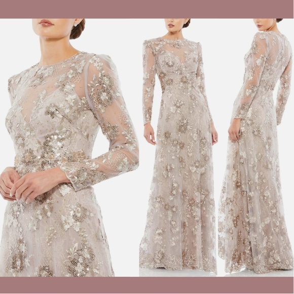 NWT $798 Mac Duggal [ 14 ] Floral Embroidered‎ Illusion Long Sleeve Gown Mocha - Picture 1 of 16